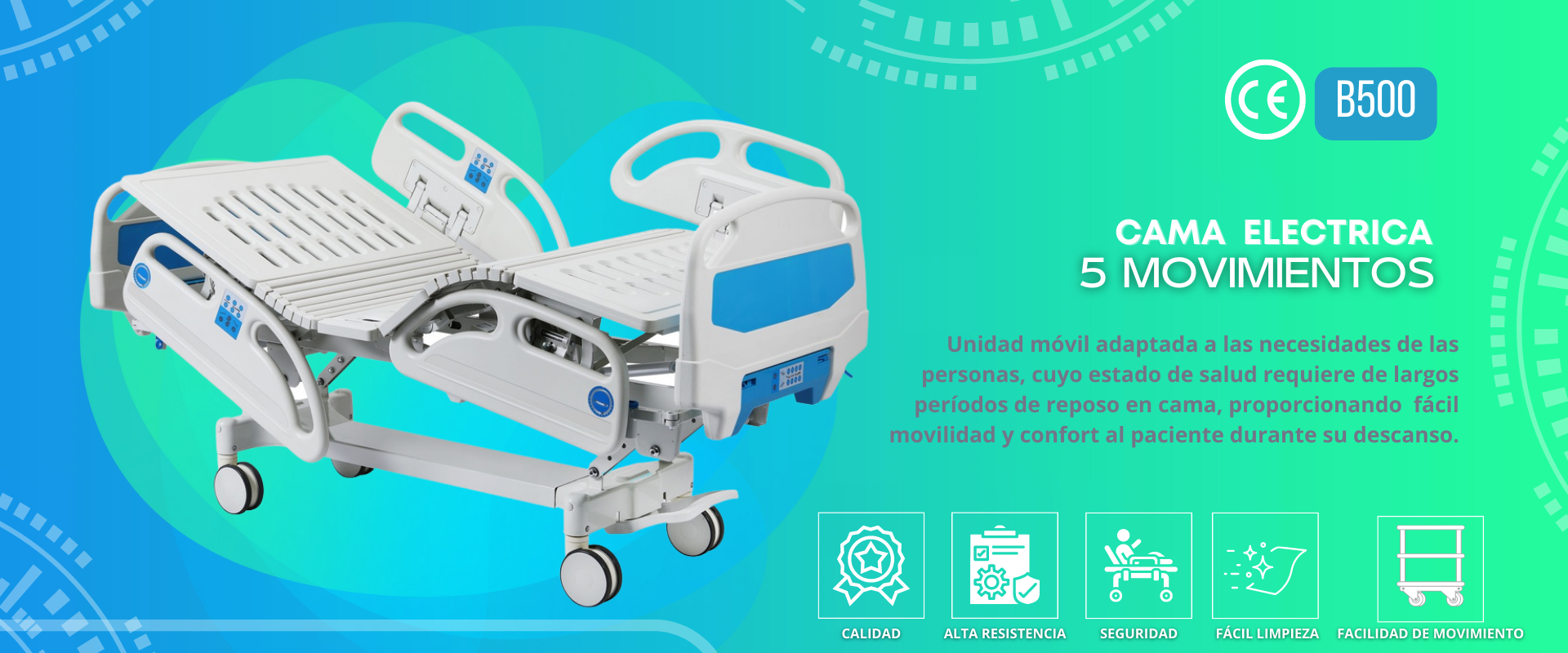 Cama Hospitalaria Eléctrica 5 movimientos Cama Hospitalaria eléctrica 5 movimientos equipada con motores de marca LINAK, equipada con bateria de respaldo Sistema Softlink para comodidad del paciente.