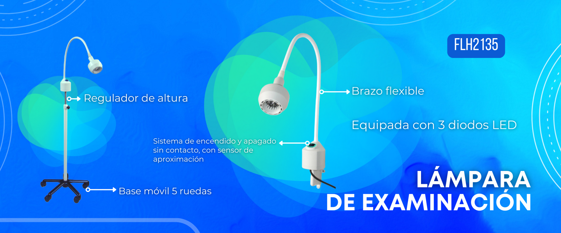 Lámpara cuello de Ganzo Lampara cuello de Ganzo: de examinación con regulador de altura y sistema de encendido y apagado con brazo flexible