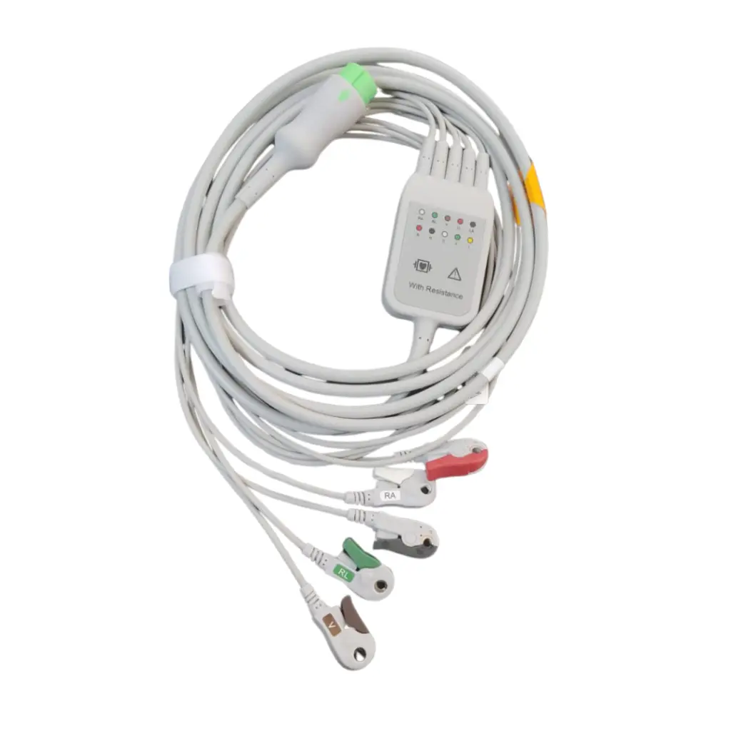 [040-000915-01] Cable 5 lead de ECG con conector de clip reutilizable (integral)antidesfibrilaciónAHA, (1).webp