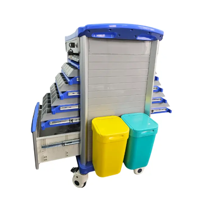 Coche de medicamentos Unidosis, ABS-aluminio. 25 gavetas a cada lado + 1 cajon. Viamed